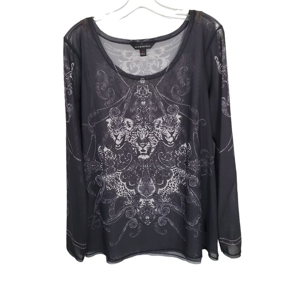 Rock & Republic Size XL Shirt Sheer Mesh Cheetah Head Print Long Sleeve Pullover - Picture 2 of 9